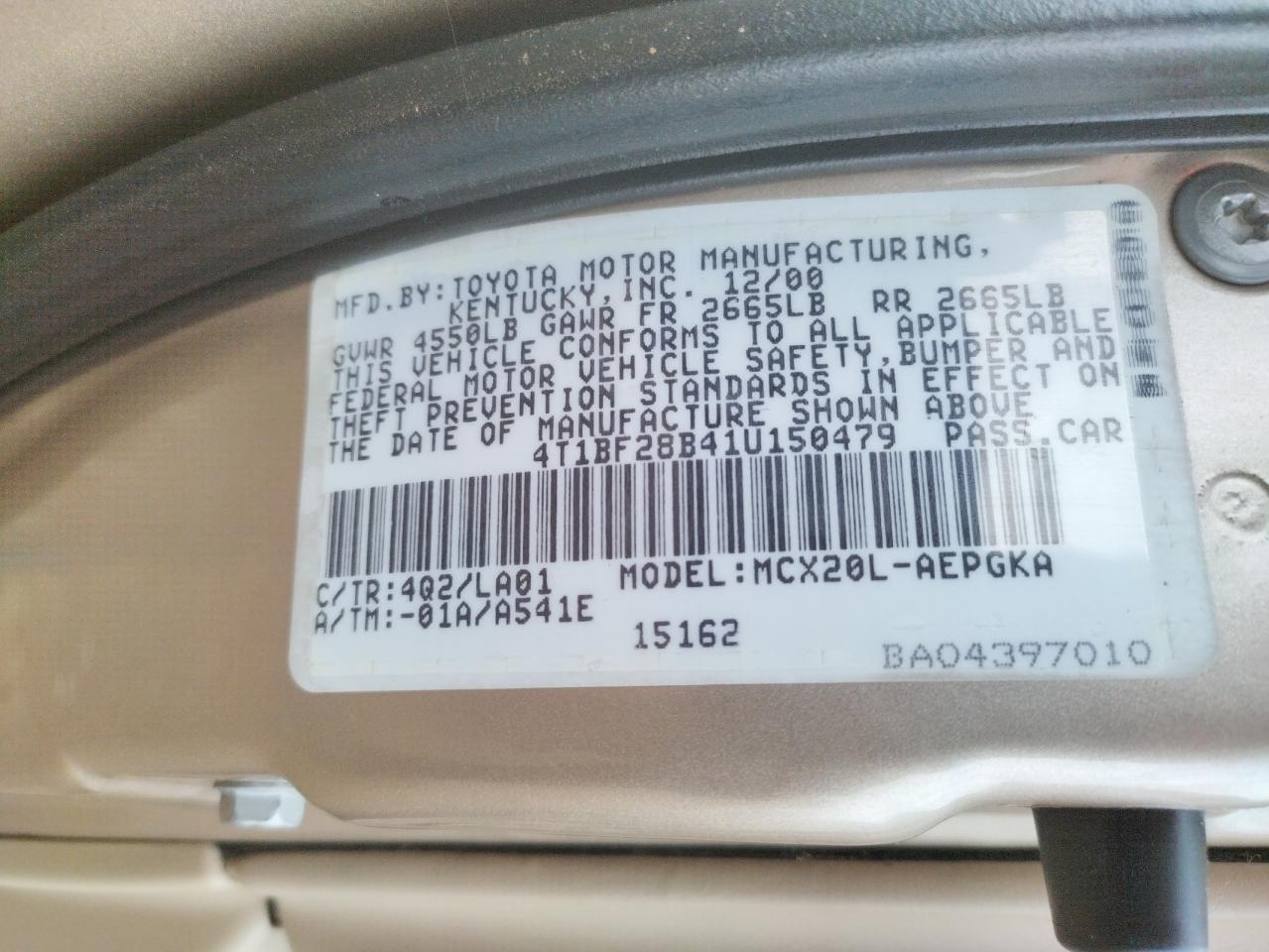Photo 10 from auction – 2001 TOYOTA AVALON XL with VIN 4T1BF28B41U150479