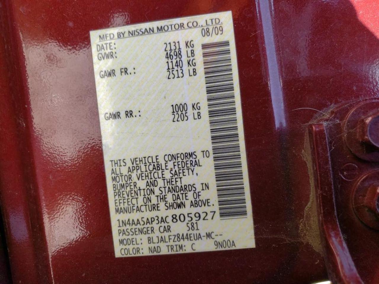 Photo 10 from auction – 2010 NISSAN MAXIMA S with VIN 1N4AA5AP3AC805927