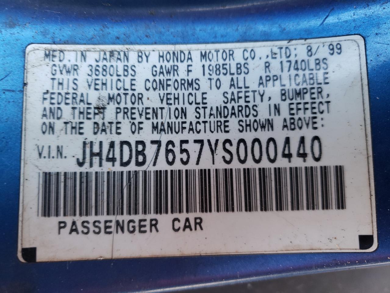 Photo 10 from auction – 2000 ACURA INTEGRA LS with VIN JH4DB7657YS000440