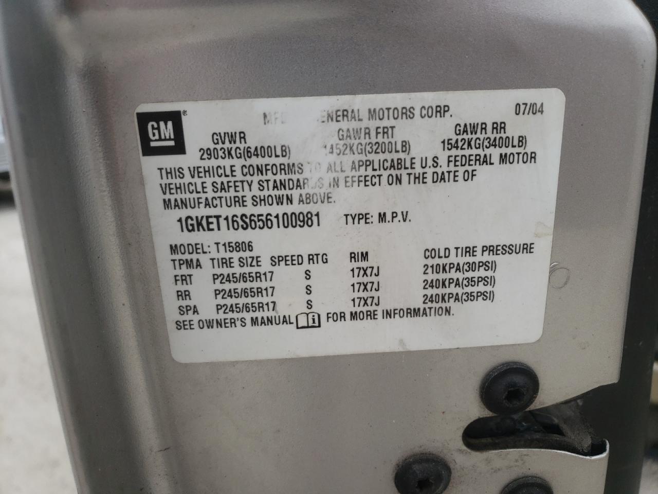 Photo 10 from auction – 2005 GMC ENVOY XL with VIN 1GKET16S656100981