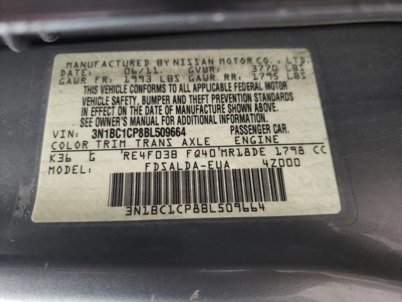 Photo 10 from auction – 2011 NISSAN VERSA with VIN 3N1BC1CP8BL509664