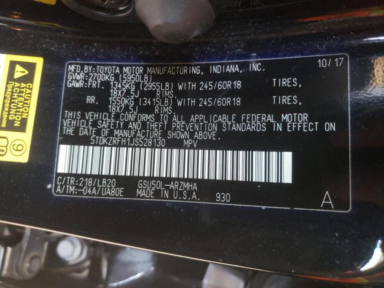 Photo 10 from auction – 2018 TOYOTA HIGHLANDER with VIN 5TDKZRFH1JS528130