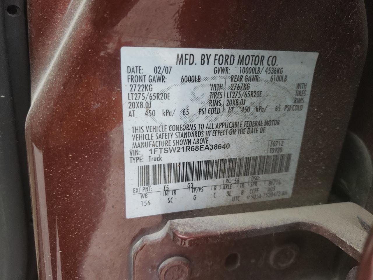 Photo 10 from auction – 2008 FORD F250 SUPER with VIN 1FTSW21R68EA38640