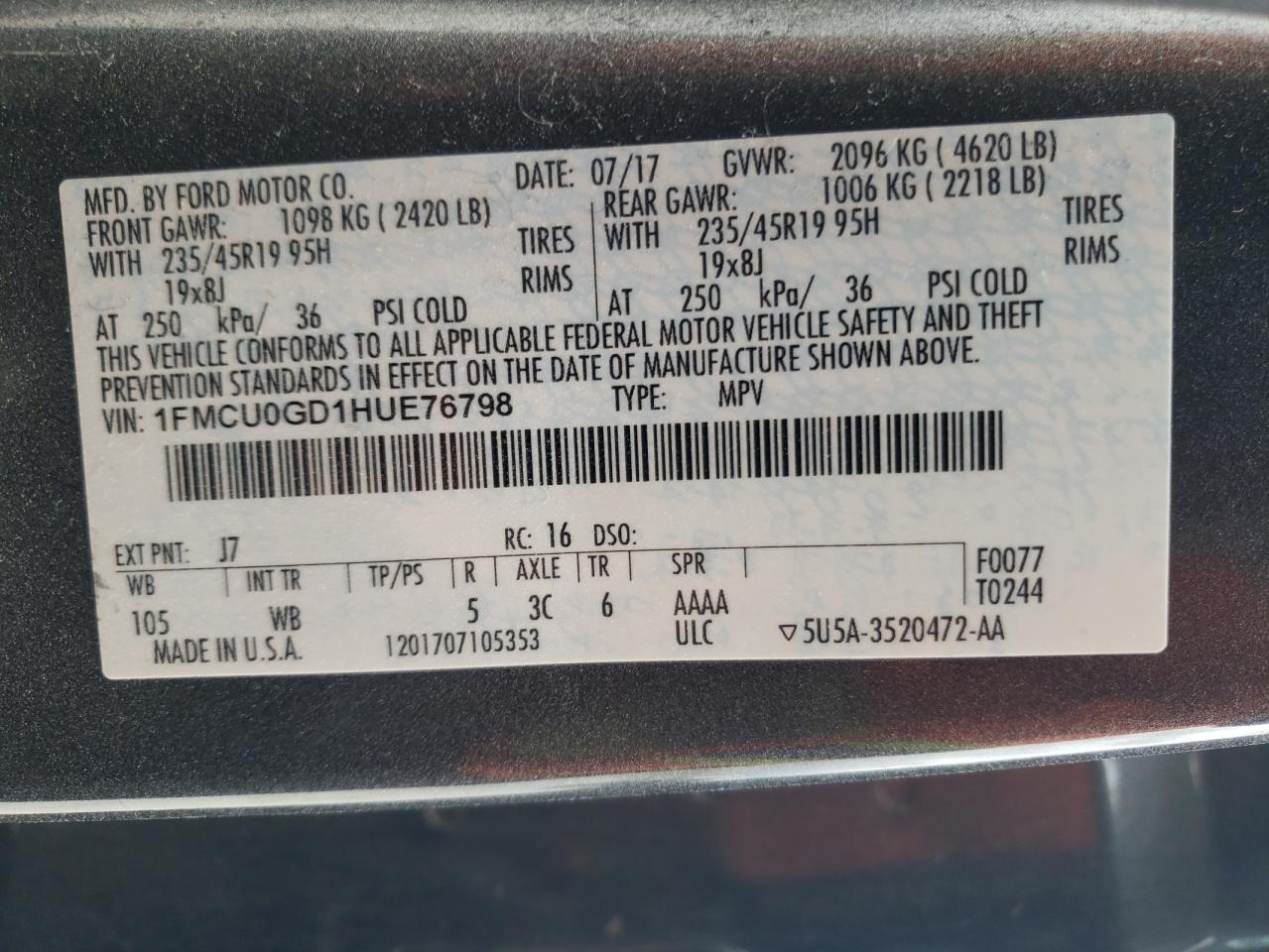 Photo 10 from auction – 2017 FORD ESCAPE SE with VIN 1FMCU0GD1HUE76798