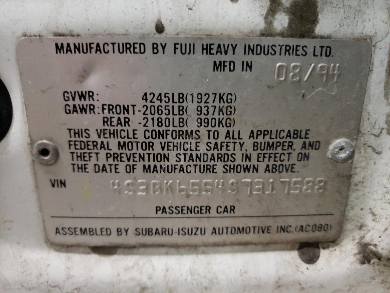Photo 10 from auction – 1995 SUBARU LEGACY LS with VIN 4S3BK6554S7317588