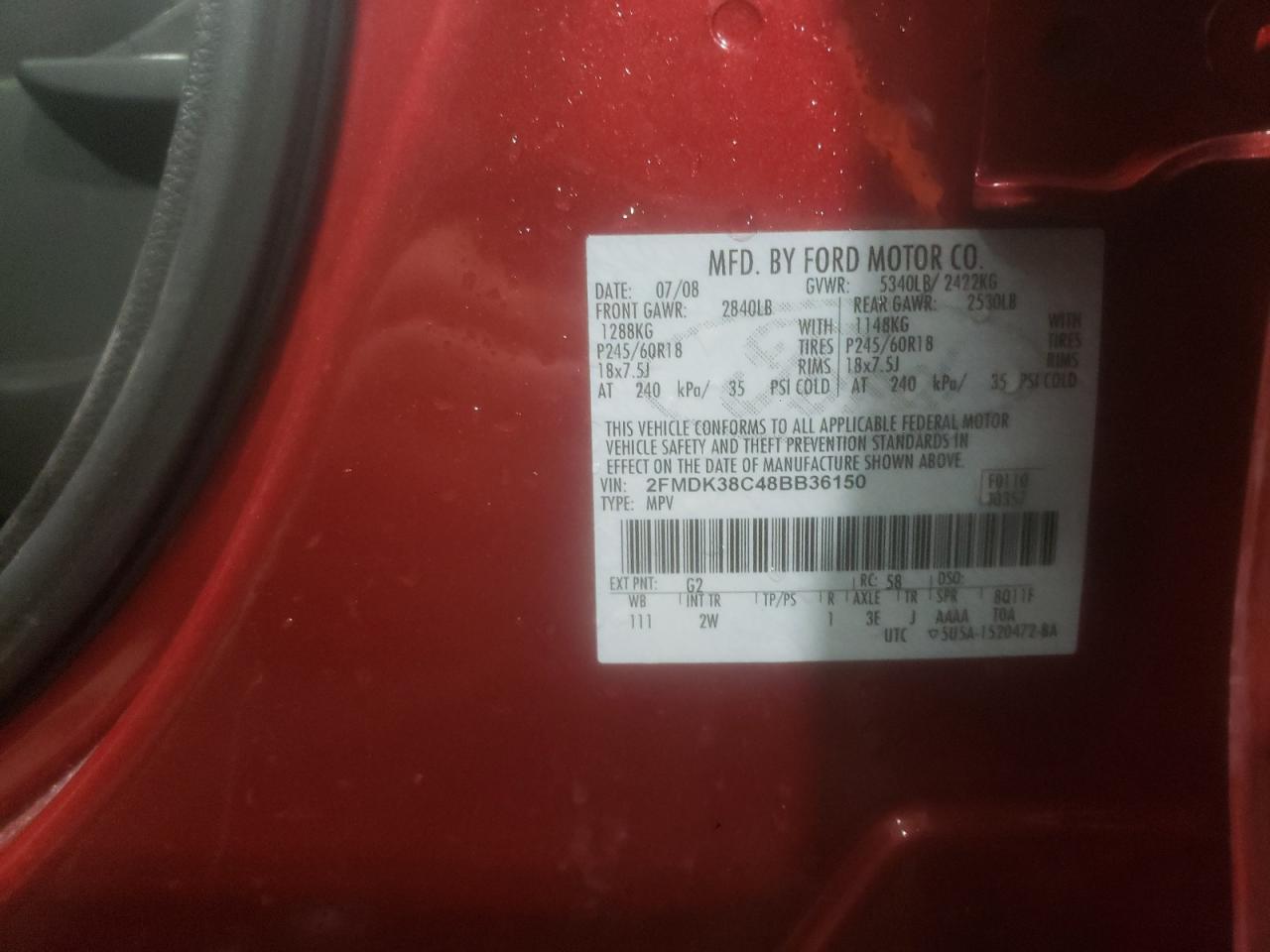 Photo 10 from auction – 2008 FORD EDGE SEL with VIN 2FMDK38C48BB36150
