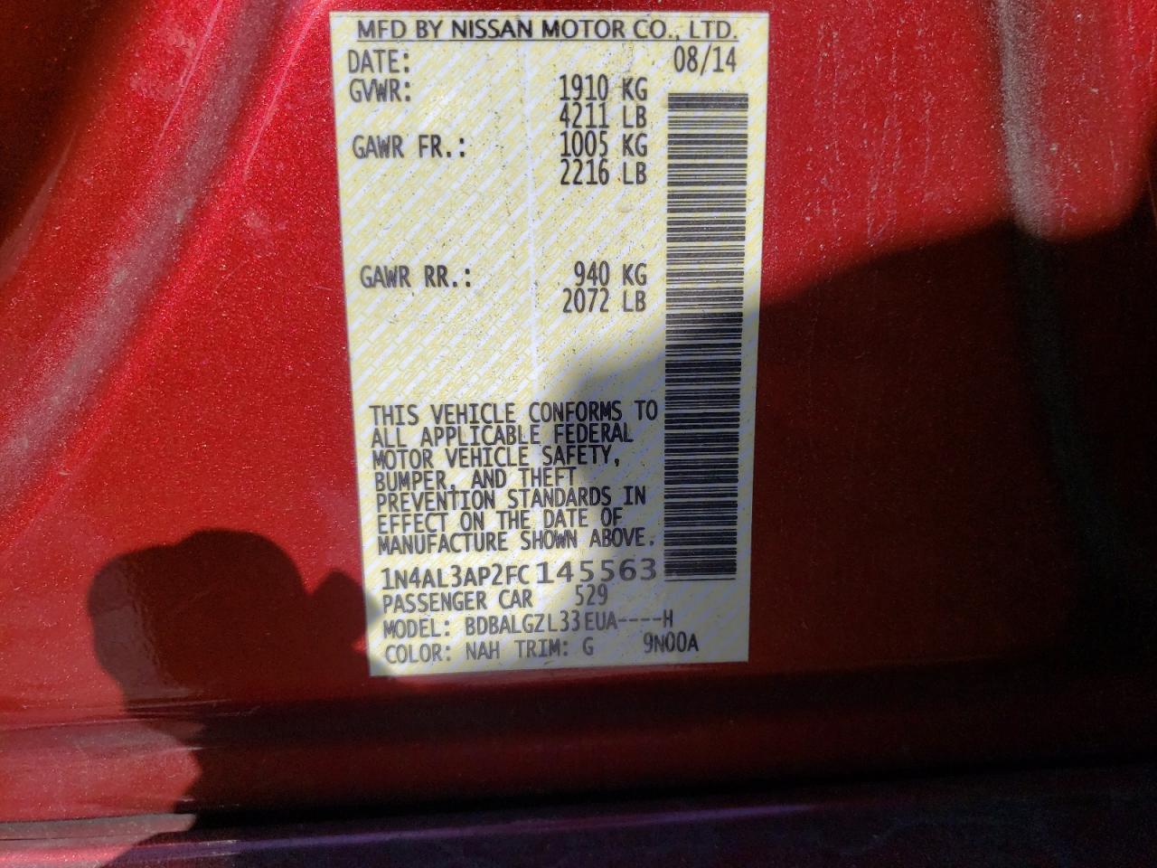 Photo 10 from auction – 2015 NISSAN ALTIMA 2.5 with VIN 1N4AL3AP2FC145563