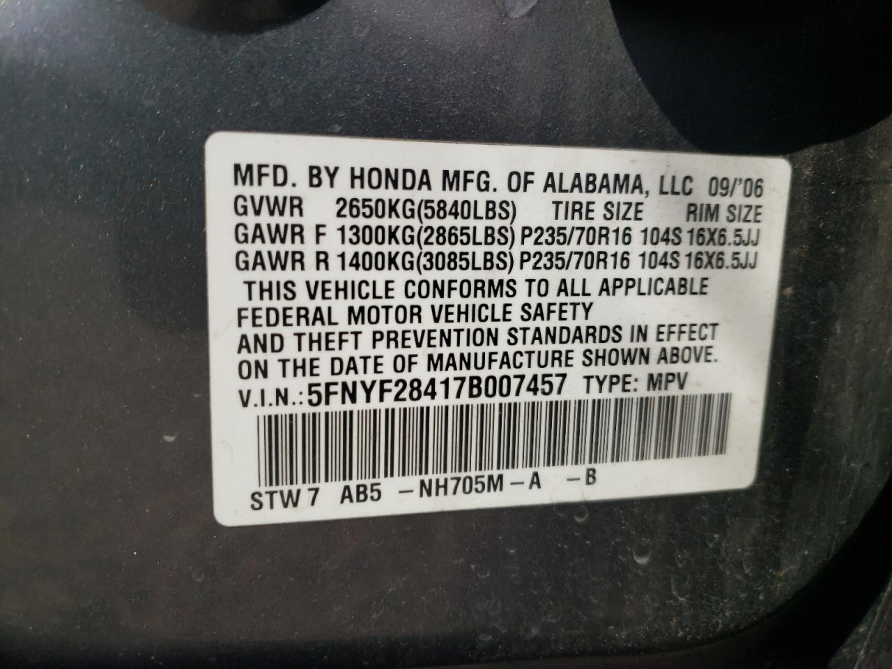 Photo 10 from auction – 2007 HONDA PILOT EX with VIN 5FNYF28417B007457