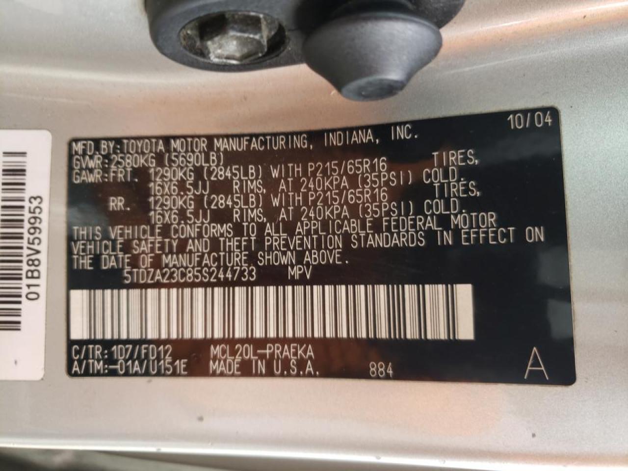 Photo 10 from auction – 2005 TOYOTA SIENNA CE with VIN 5TDZA23C85S244733