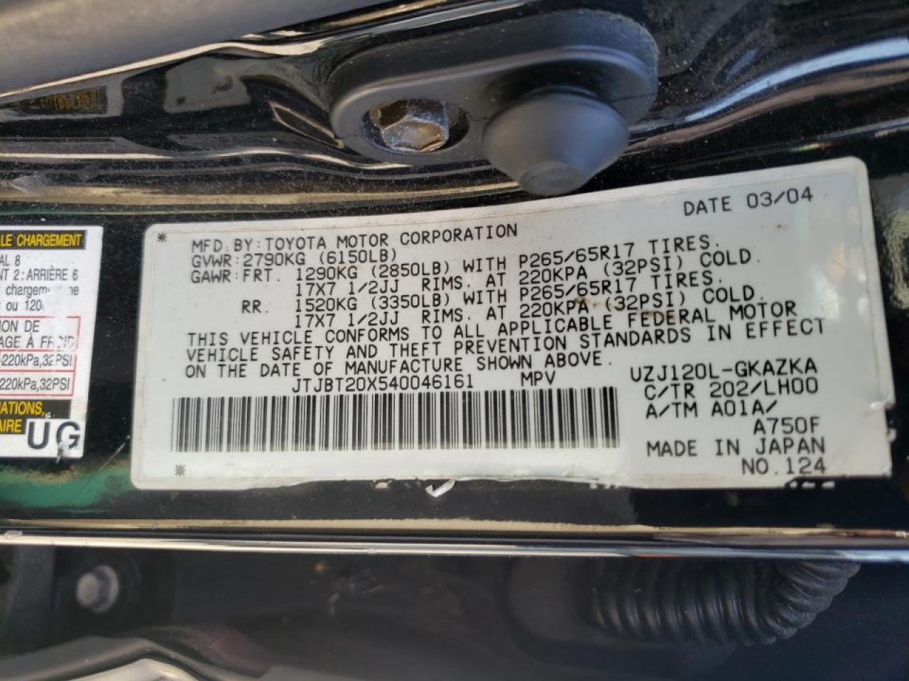 Photo 10 from auction – 2004 LEXUS GX 470 with VIN JTJBT20X540046161