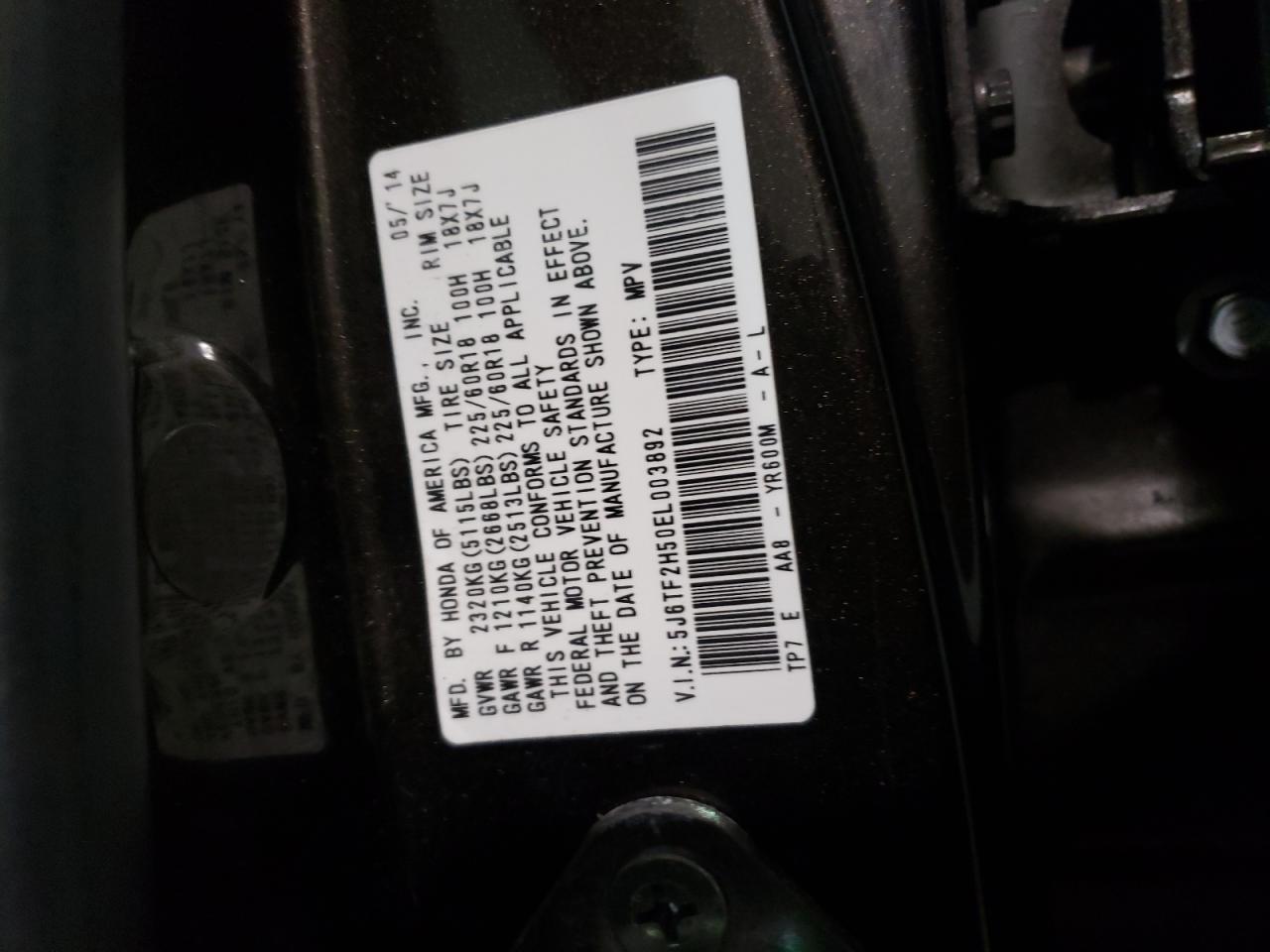 Photo 10 from auction – 2014 HONDA CROSSTOUR with VIN 5J6TF2H50EL003892