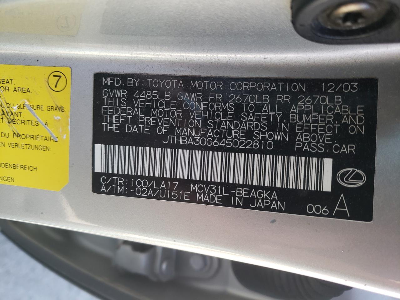 Photo 10 from auction – 2004 LEXUS ES 330 with VIN JTHBA30G645022810