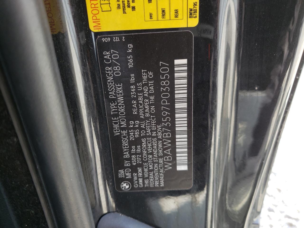 Photo 10 from auction – 2007 BMW 335 I with VIN WBAWB73597P038507