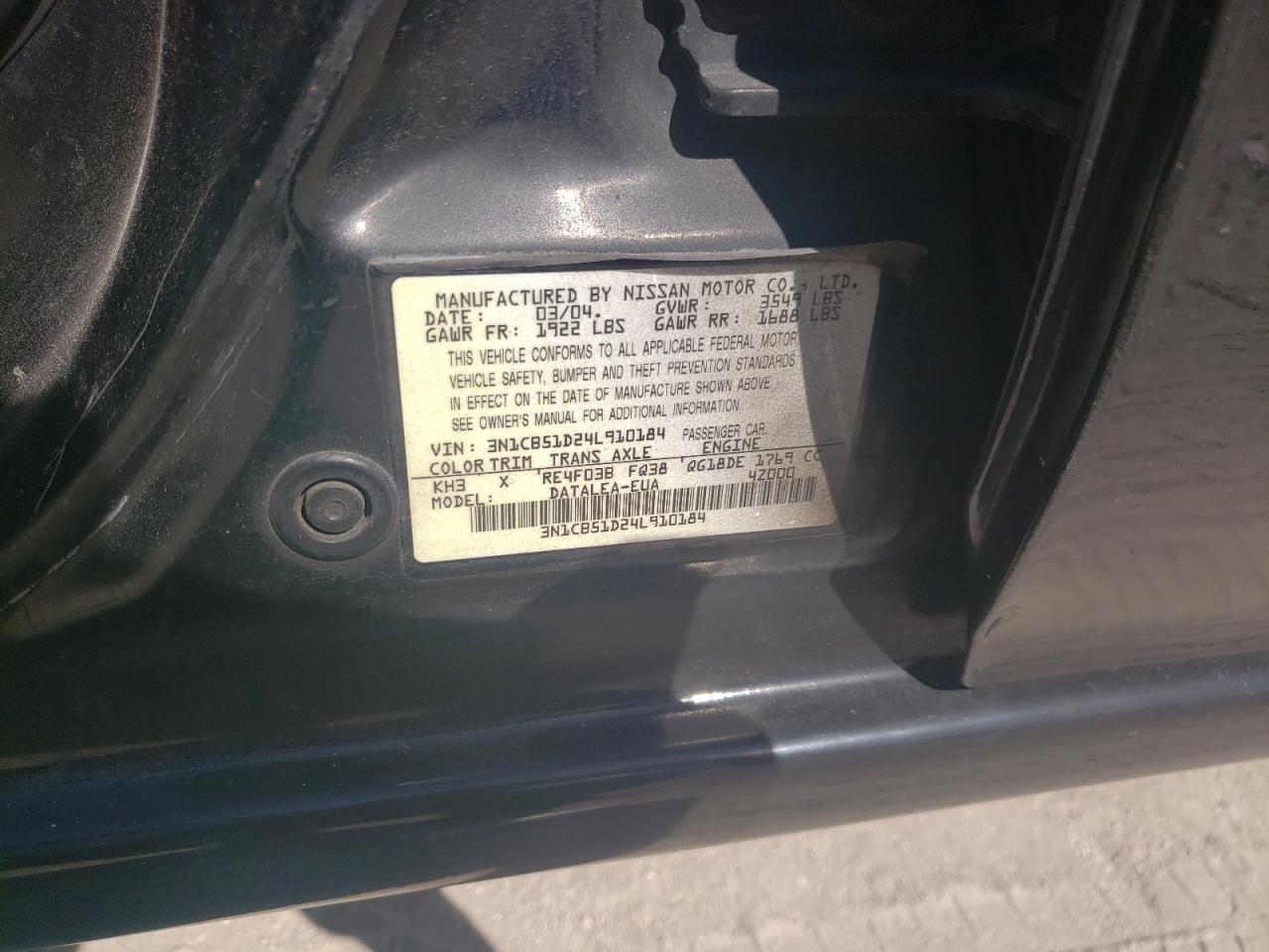Photo 10 from auction – 2004 NISSAN SENTRA 1.8 with VIN 3N1CB51D24L910184