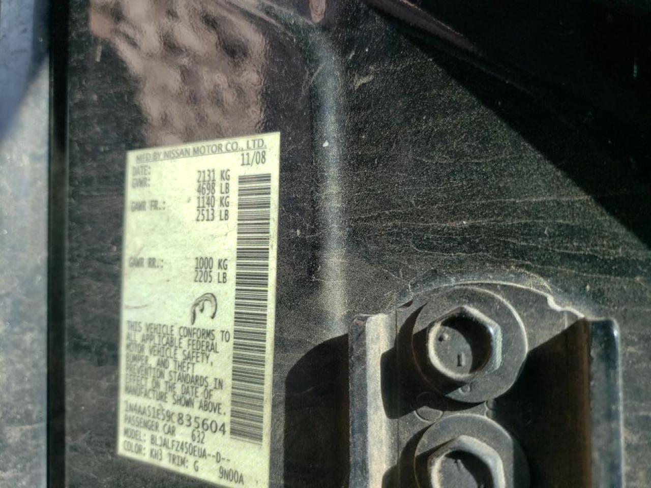 Photo 10 from auction – 2009 NISSAN MAXIMA S with VIN 1N4AA51E59C835604