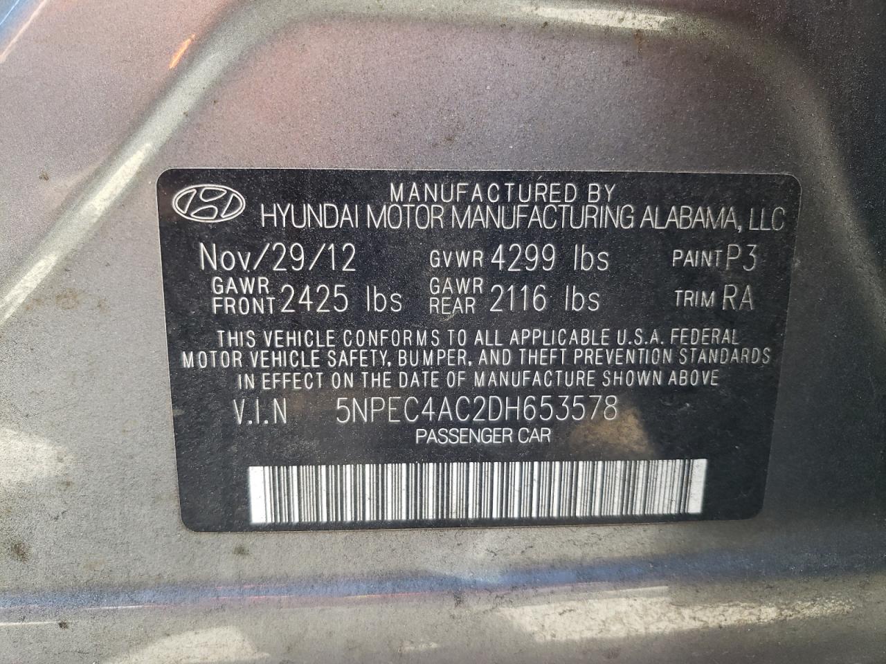 Photo 10 from auction – 2013 HYUNDAI SONATA SE with VIN 5NPEC4AC2DH653578