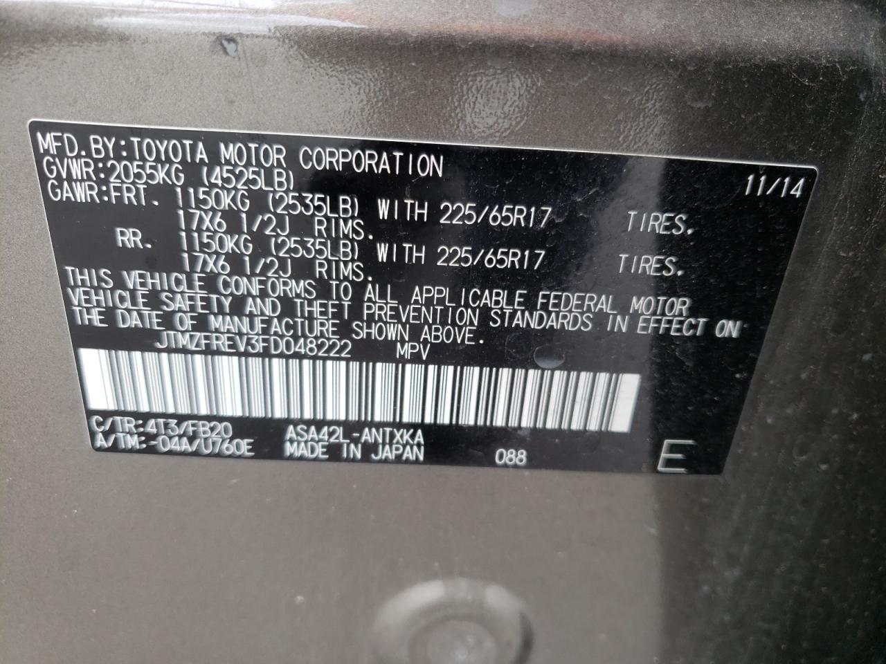 Photo 10 from auction – 2015 TOYOTA RAV4 LE with VIN JTMZFREV3FD048222