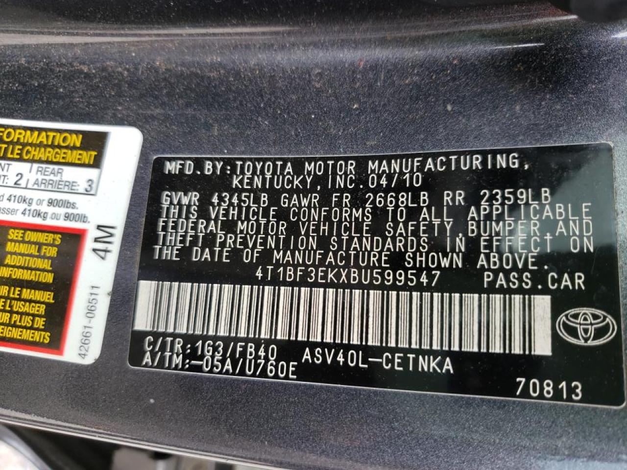 Photo 10 from auction – 2011 TOYOTA CAMRY BASE with VIN 4T1BF3EKXBU599547