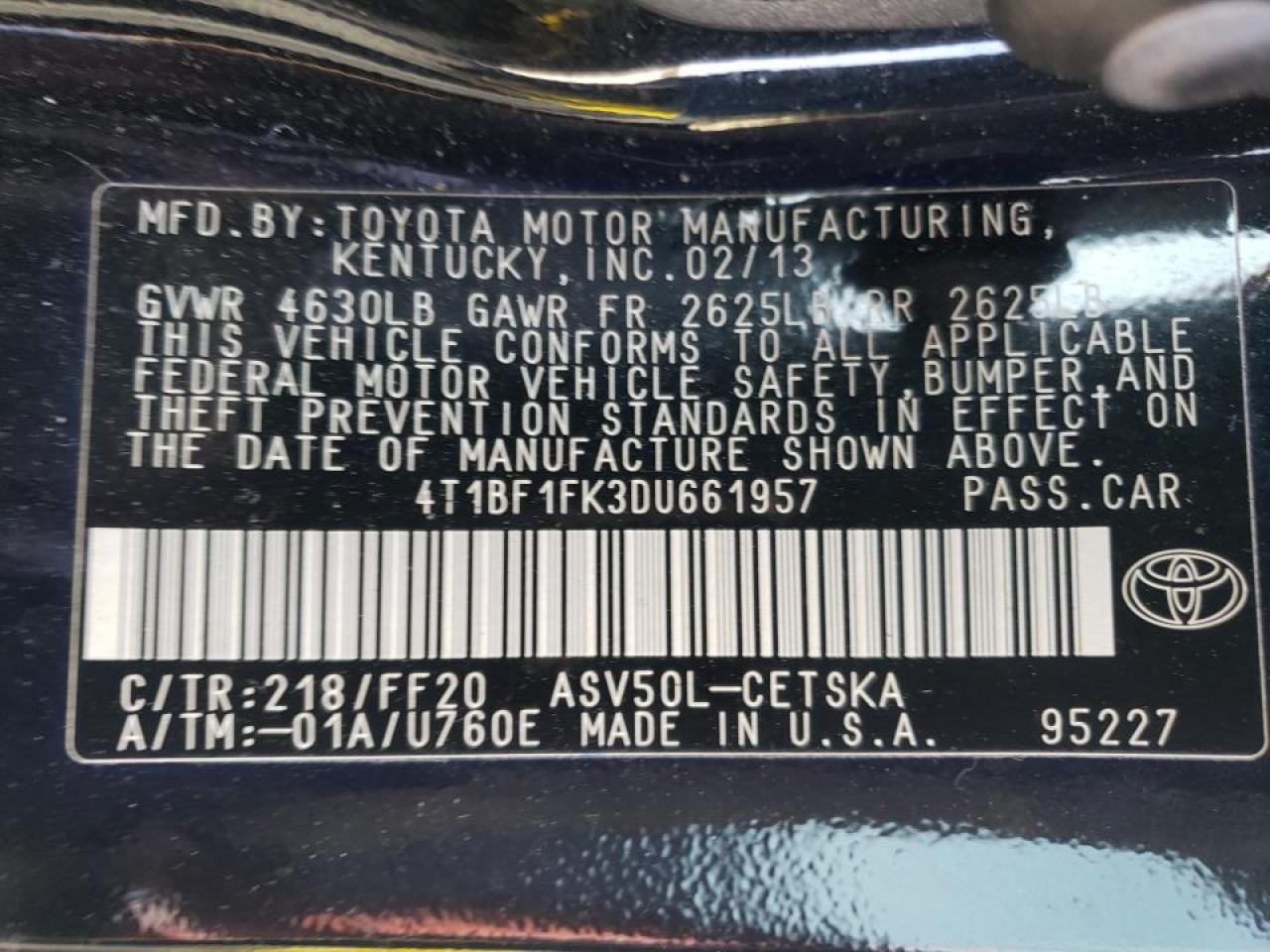 Photo 10 from auction – 2013 TOYOTA CAMRY L with VIN 4T1BF1FK3DU661957