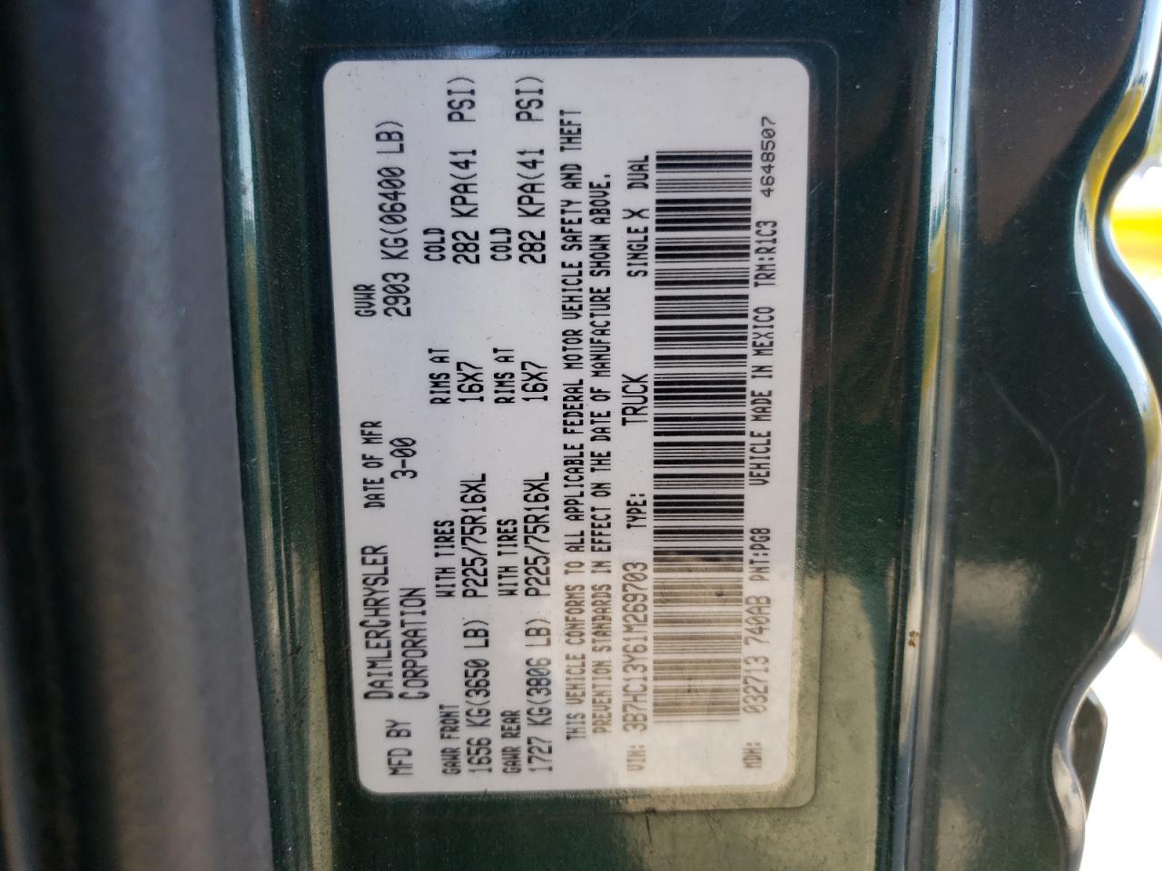 Photo 10 from auction – 2001 DODGE RAM 1500 with VIN 3B7HC13Y61M269703