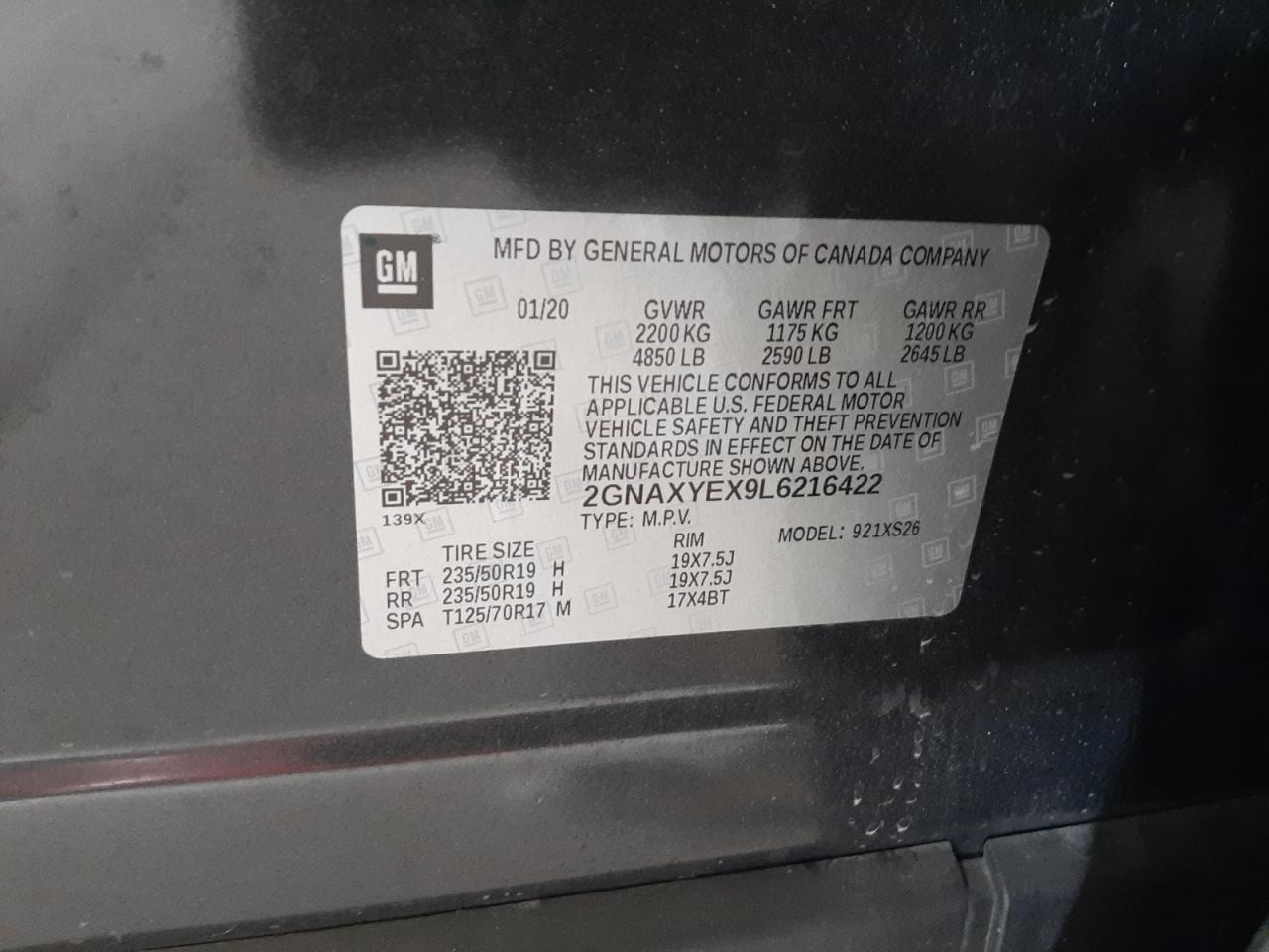 Photo 10 from auction – 2020 CHEVROLET EQUINOX PR with VIN 2GNAXYEX9L6216422