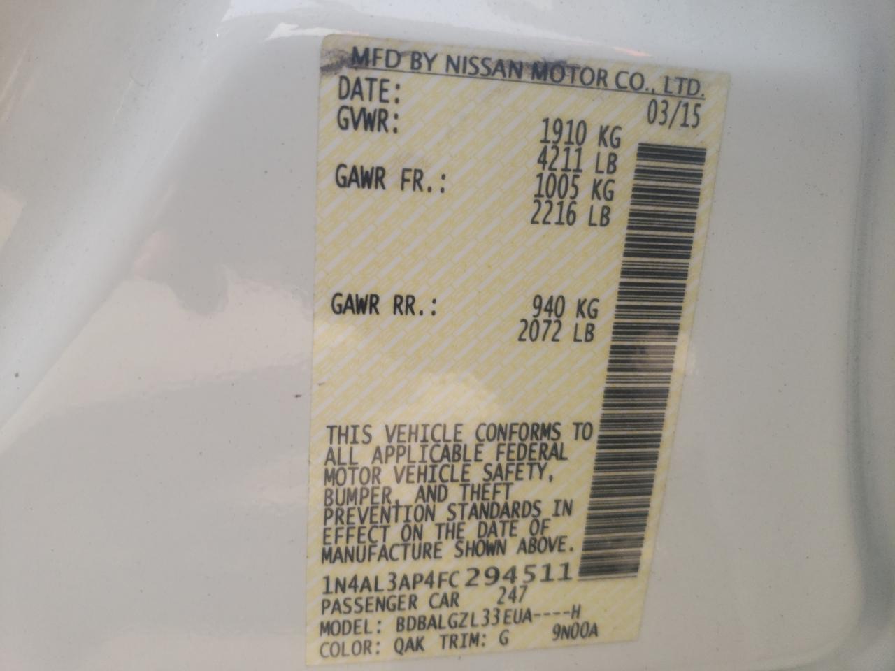 Photo 10 from auction – 2015 NISSAN ALTIMA 2.5 with VIN 1N4AL3AP4FC294511
