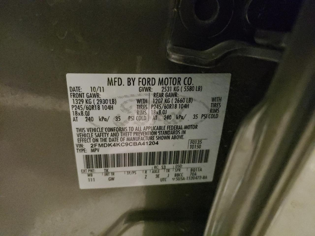 Photo 10 from auction – 2012 FORD EDGE LIMIT with VIN 2FMDK4KC9CBA41204