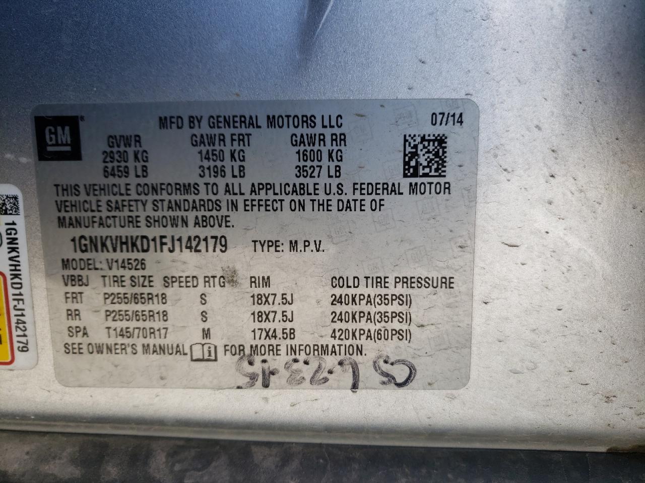 Photo 10 from auction – 2015 CHEVROLET TRAVERSE L with VIN 1GNKVHKD1FJ142179