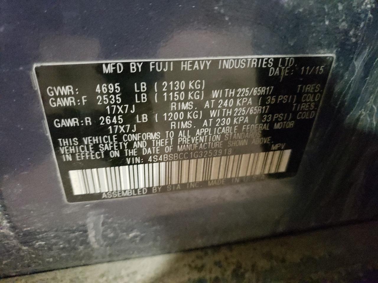 Photo 10 from auction – 2016 SUBARU OUTBACK 2. with VIN 4S4BSBCC1G3253918