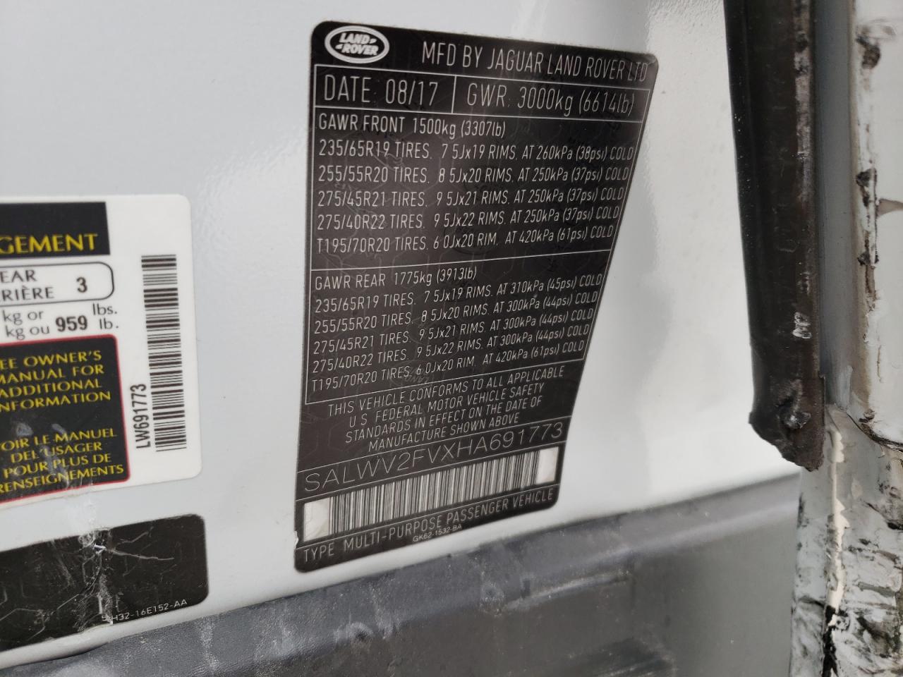 Photo 10 from auction – 2017 LAND ROVER RANGE ROVE with VIN SALWV2FVXHA691773