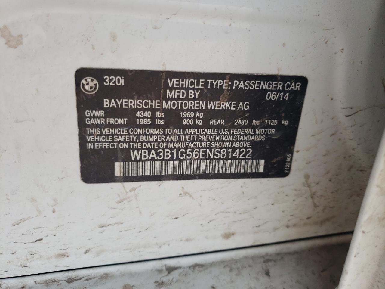 Photo 10 from auction – 2014 BMW 320 I with VIN WBA3B1G56ENS81422