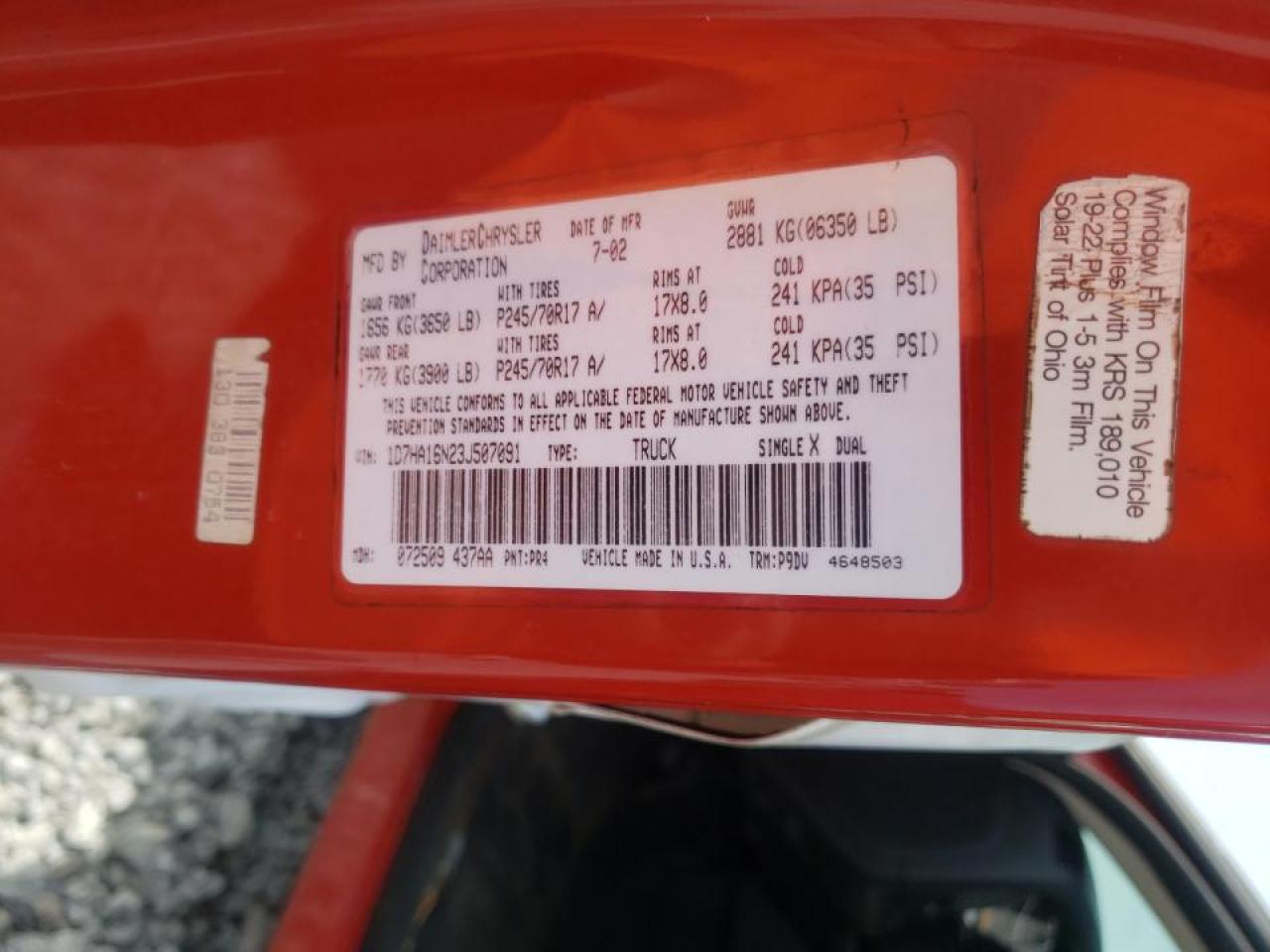 Photo 10 from auction – 2003 DODGE RAM 1500 S with VIN 1D7HA16N23J507091