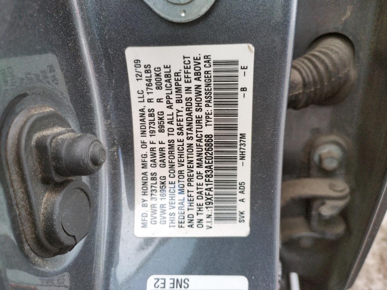 Photo 10 from auction – 2010 HONDA CIVIC EX with VIN 19XFA1F83AE026868