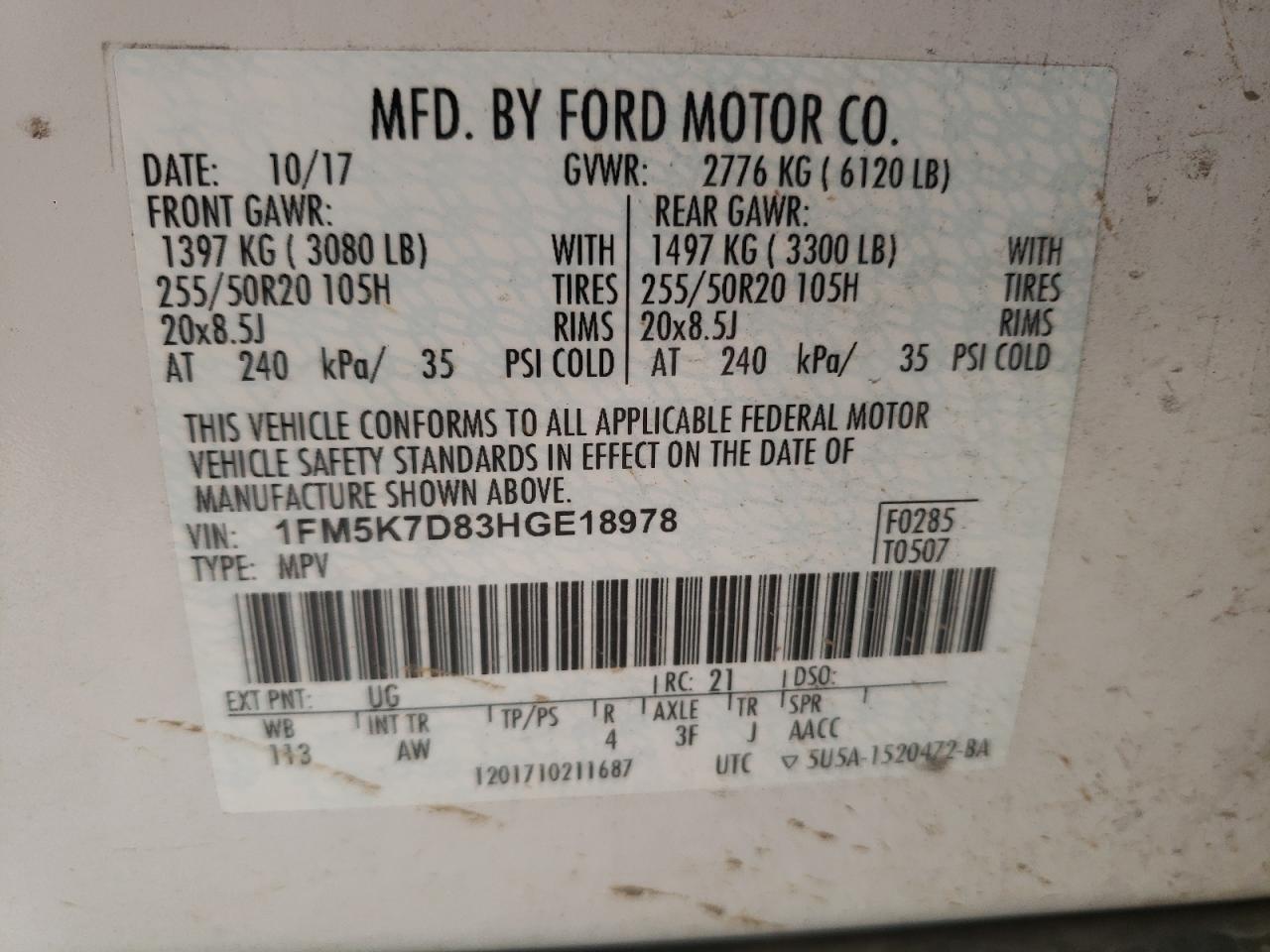 Photo 10 from auction – 2017 FORD EXPLORER X with VIN 1FM5K7D83HGE18978