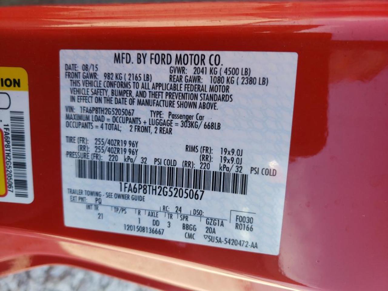 Photo 10 from auction – 2016 FORD MUSTANG with VIN 1FA6P8TH2G5205067