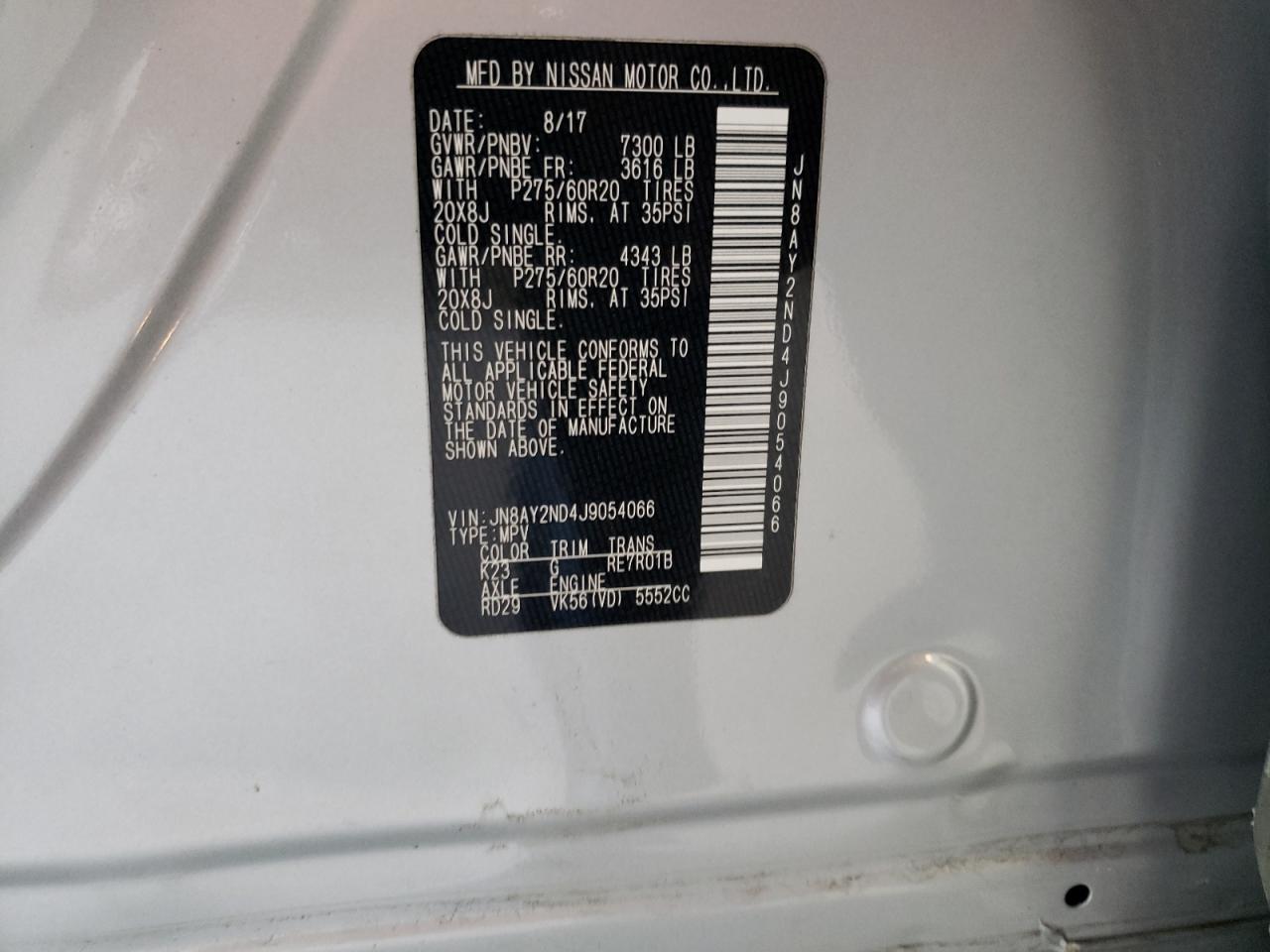 Photo 10 from auction – 2018 NISSAN ARMADA SV with VIN JN8AY2ND4J9054066