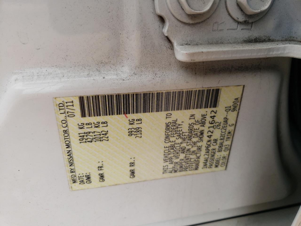 Photo 10 from auction – 2012 NISSAN ALTIMA BAS with VIN 1N4AL2AP6CN421642