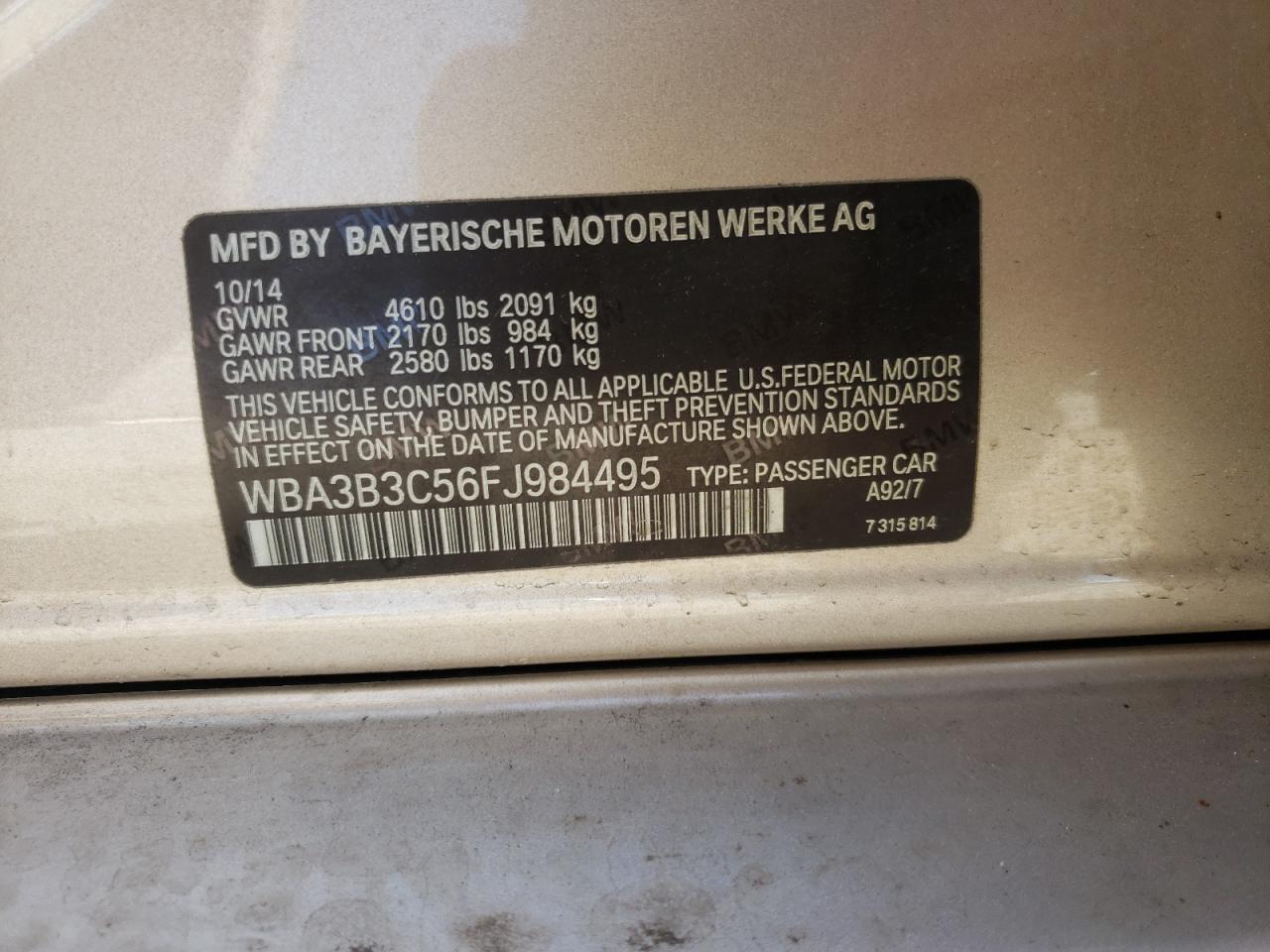 Photo 10 from auction – 2015 BMW 328 XI with VIN WBA3B3C56FJ984495