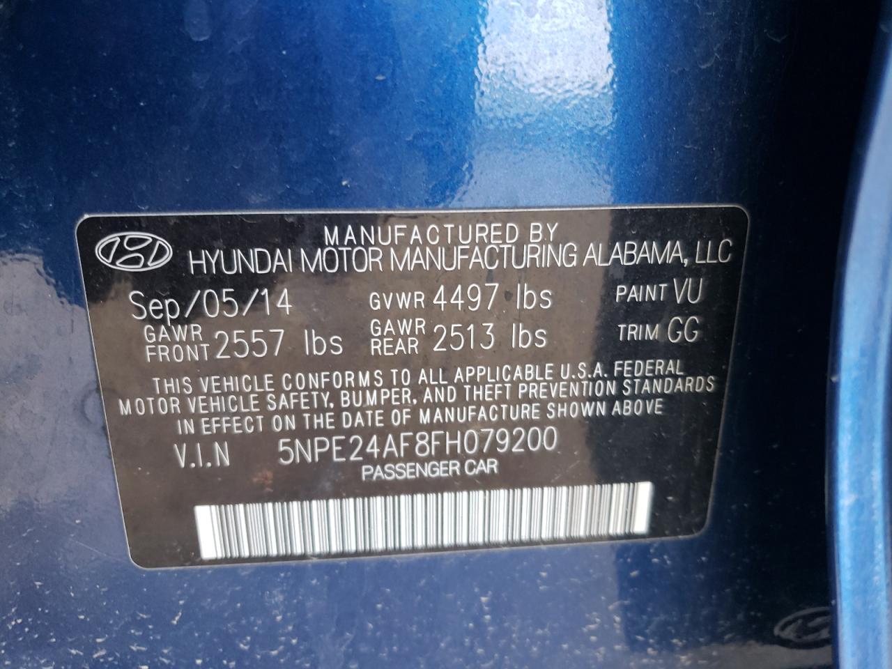 Photo 10 from auction – 2015 HYUNDAI SONATA SE with VIN 5NPE24AF8FH079200
