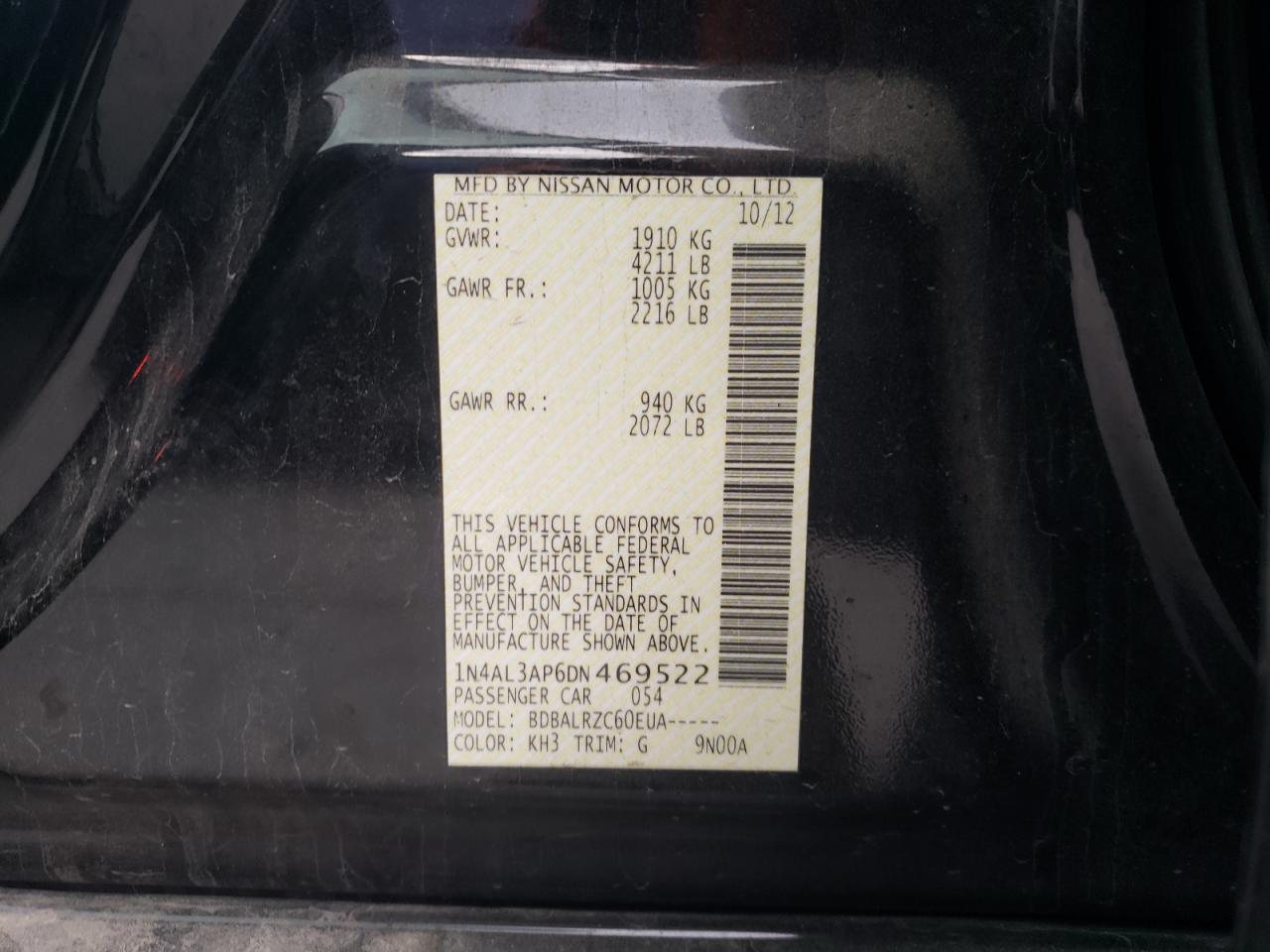 Photo 10 from auction – 2013 NISSAN ALTIMA 2.5 with VIN 1N4AL3AP6DN469522