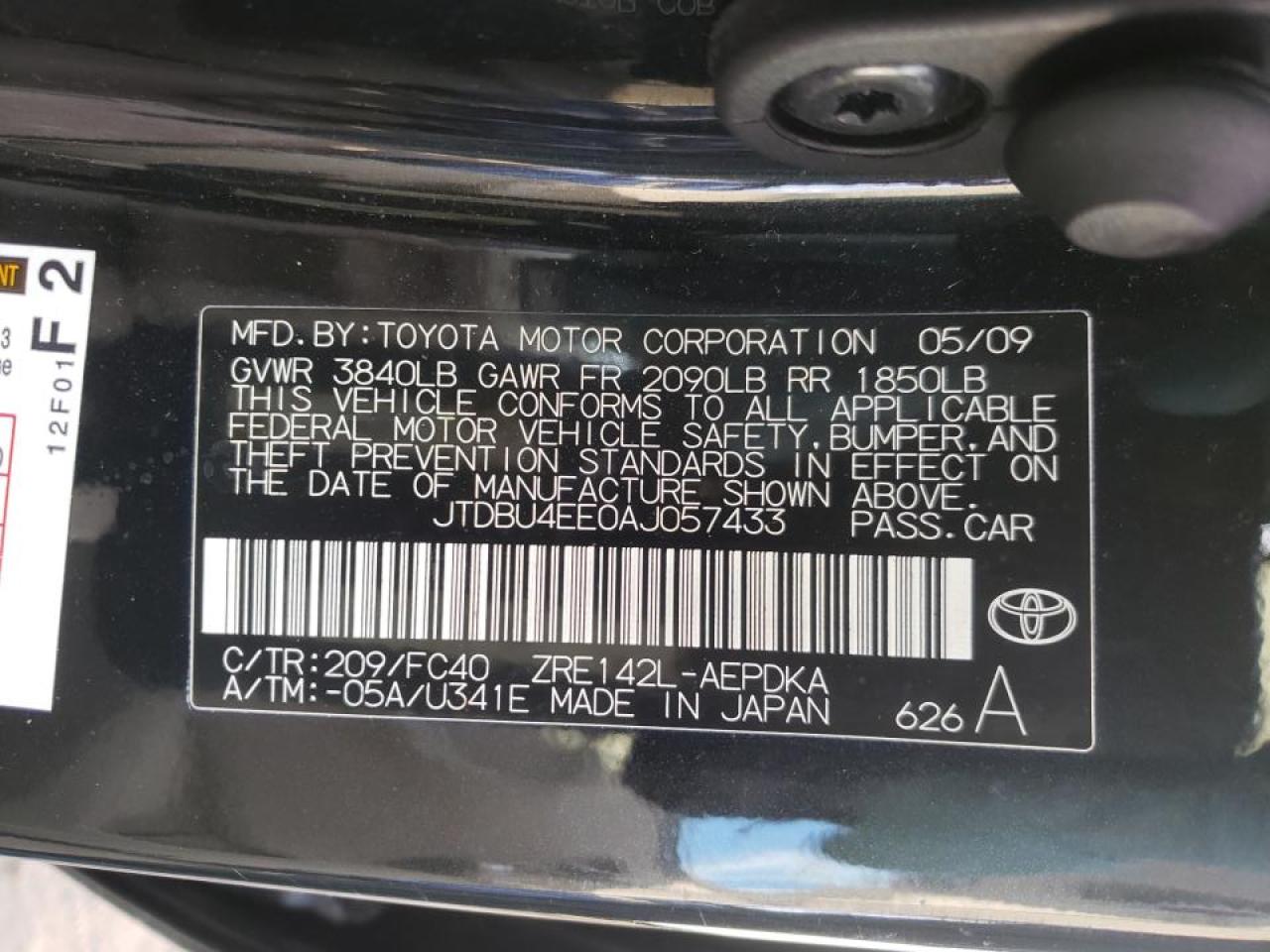 Photo 10 from auction – 2010 TOYOTA COROLLA BA with VIN JTDBU4EE0AJ057433
