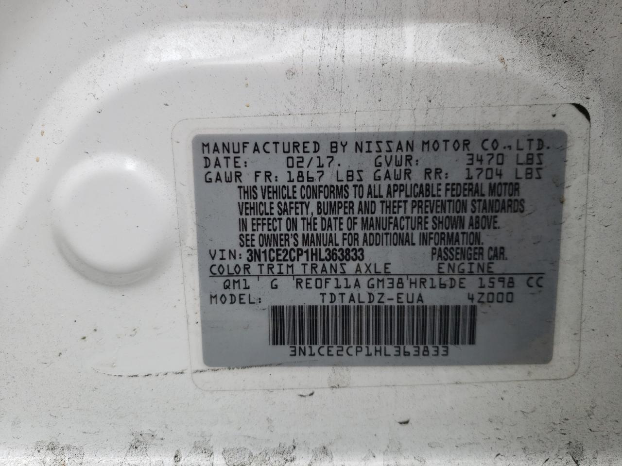 Photo 10 from auction – 2017 NISSAN VERSA NOTE with VIN 3N1CE2CP1HL363833