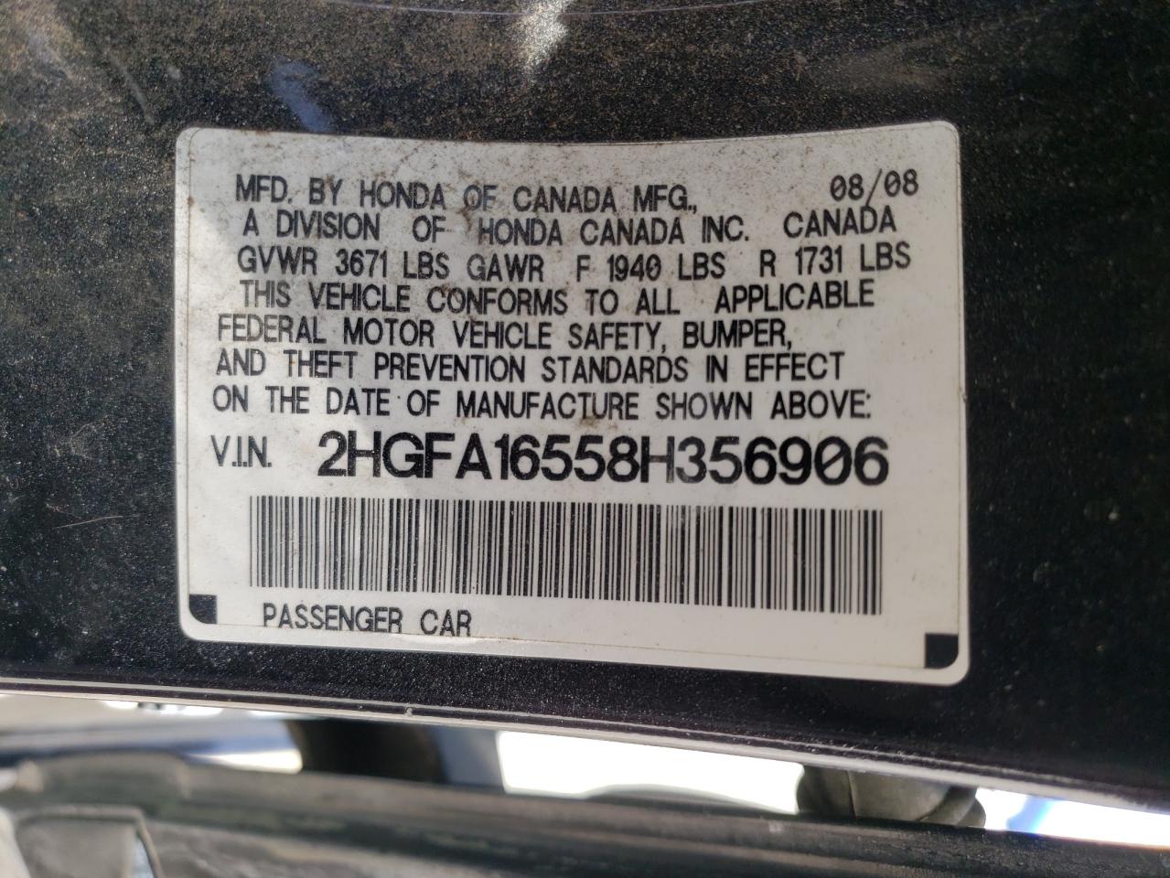 Photo 10 from auction – 2008 HONDA CIVIC LX with VIN 2HGFA16558H356906