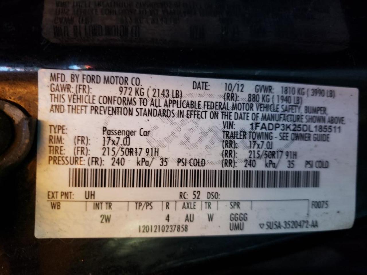 Photo 10 from auction – 2013 FORD FOCUS SE with VIN 1FADP3K25DL185511