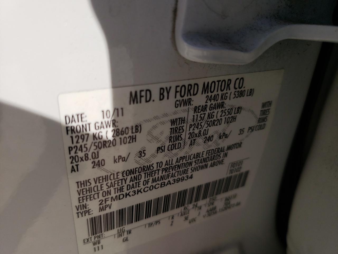 Photo 10 from auction – 2012 FORD EDGE LIMIT with VIN 2FMDK3KC0CBA39934