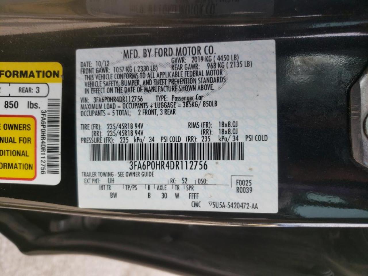 Photo 10 from auction – 2013 FORD FUSION SE with VIN 3FA6P0HR4DR112756