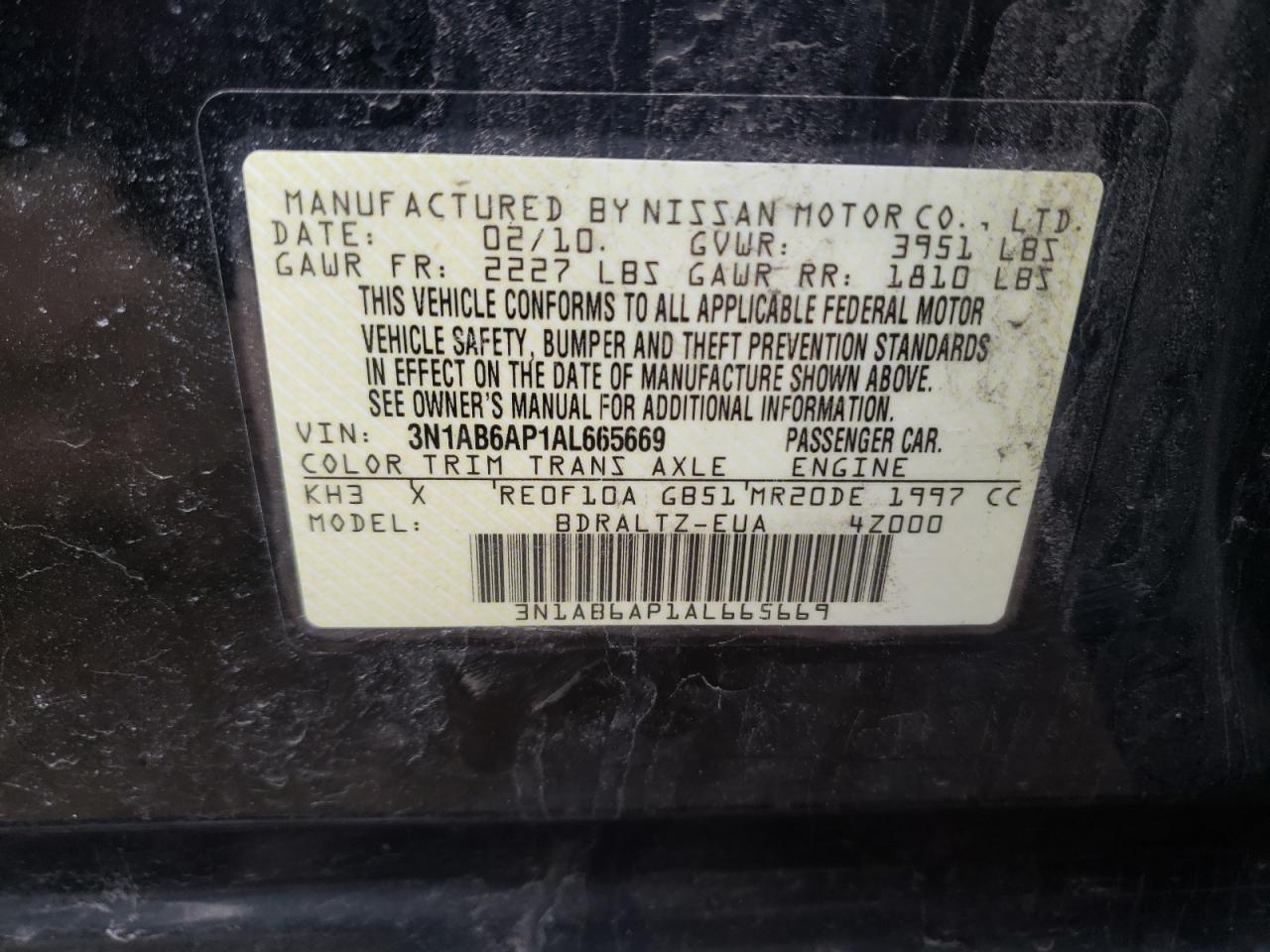 Photo 10 from auction – 2010 NISSAN SENTRA 2.0 with VIN 3N1AB6AP1AL665669