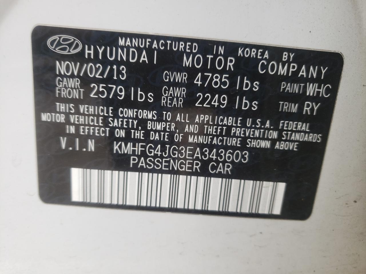 Photo 10 from auction – 2014 HYUNDAI AZERA with VIN KMHFG4JG3EA343603