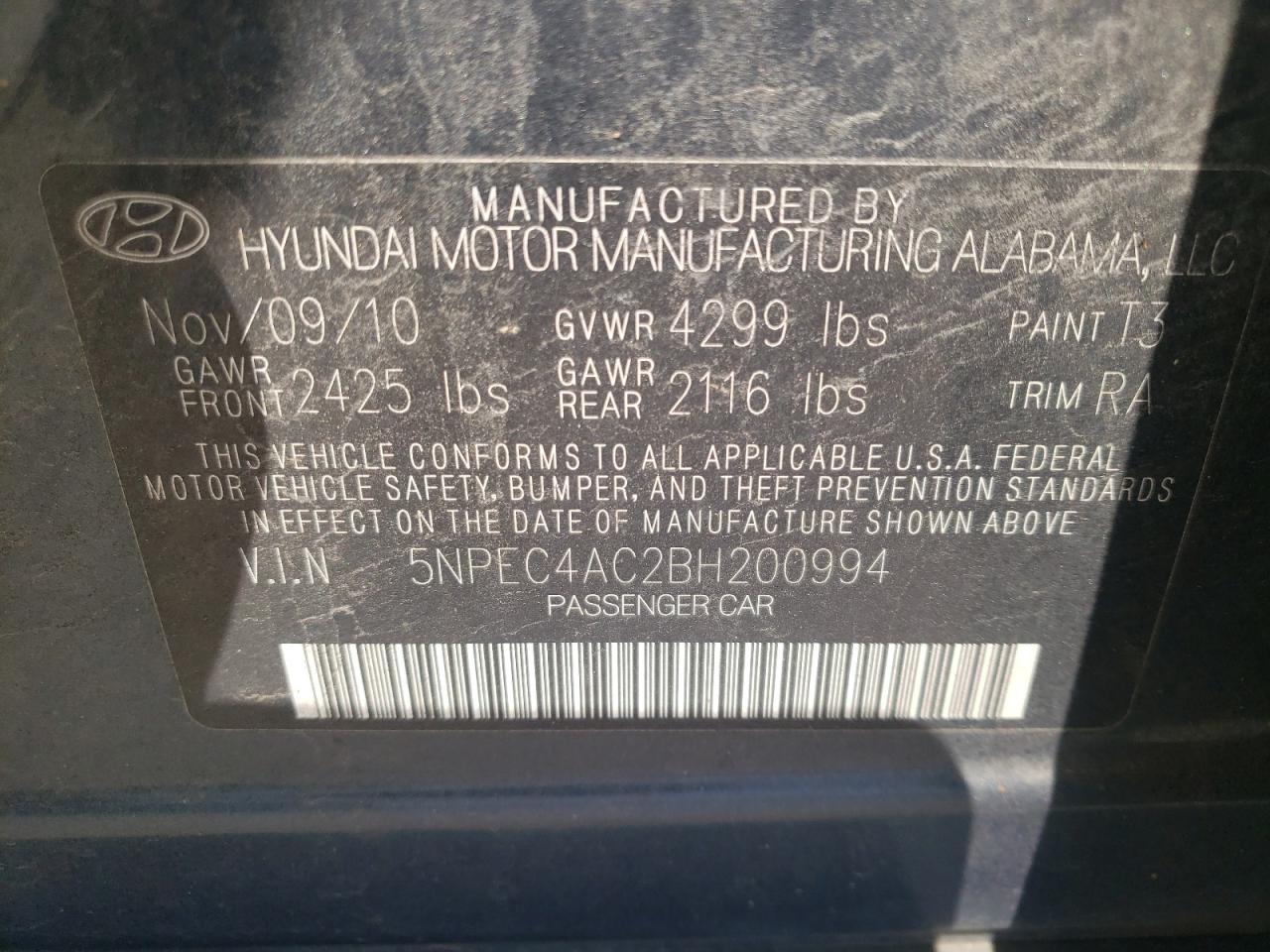 صورة رقم 10 من المزاد - 2011 HYUNDAI SONATA SE مع VIN 5NPEC4AC2BH200994