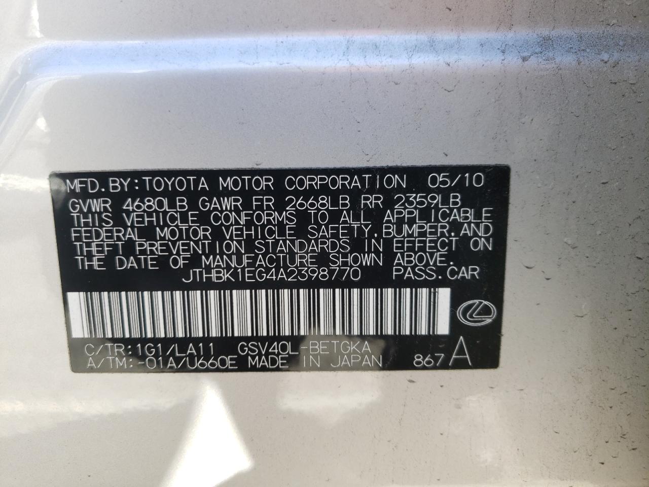 Photo 10 from auction – 2010 LEXUS ES 350 with VIN JTHBK1EG4A2398770